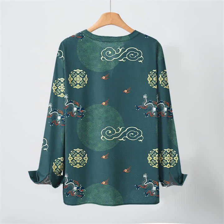 Buddha Stones Cotton Dragon Cloud Pattern V-Neck Buttons Men's Long Sleeve Shirts - image 10