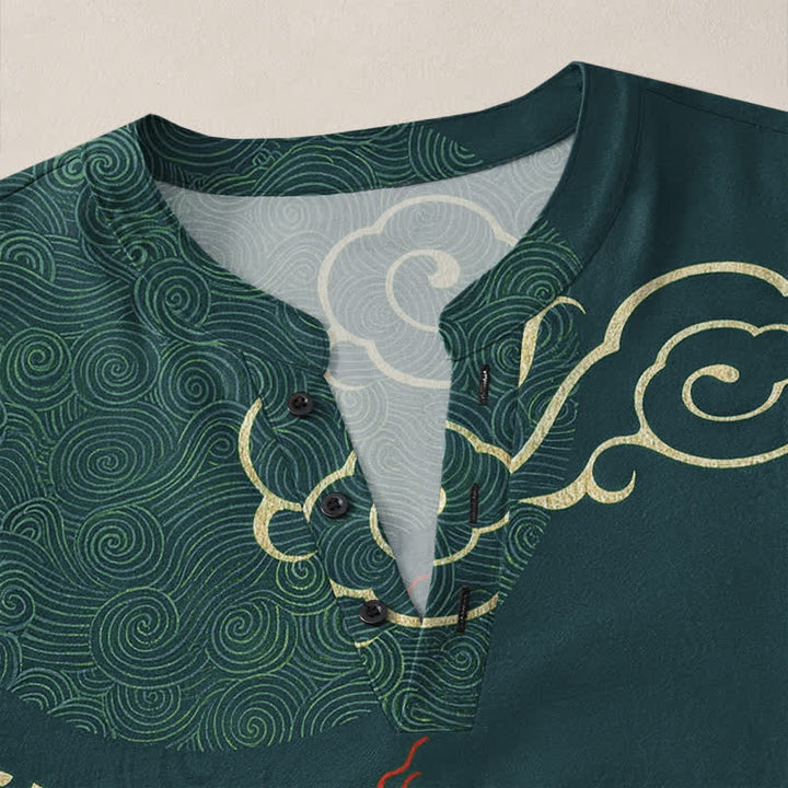 Buddha Stones Cotton Dragon Cloud Pattern V-Neck Buttons Men's Long Sleeve Shirts - image 11