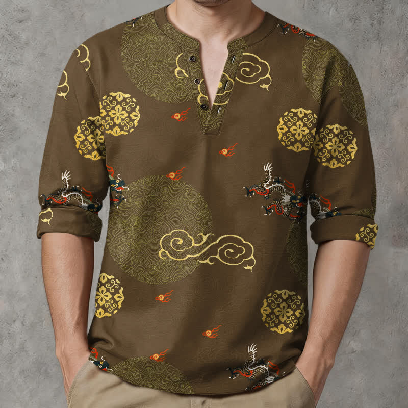 Buddha Stones Cotton Dragon Cloud Pattern V-Neck Buttons Men's Long Sleeve Shirts - image 15
