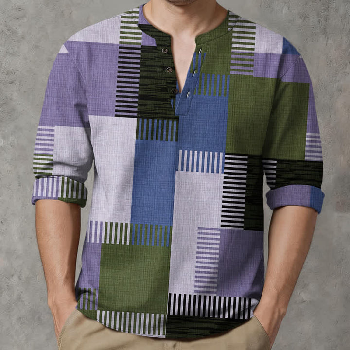 Buddha Stones Cotton Retro Geometric Patchwork Pattern V-Neck Buttons Men's Long Sleeve Shirts - MediumPurple - US/UK/AU48，EU58 (4XL) - image 7