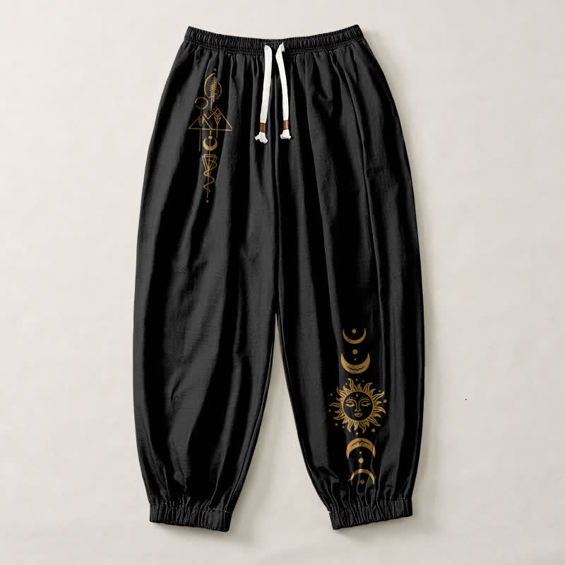 Buddha Stones Pure Cotton Moon Phase Sun Pattern Drawstring Men's Harem Pants With Pockets - image 1