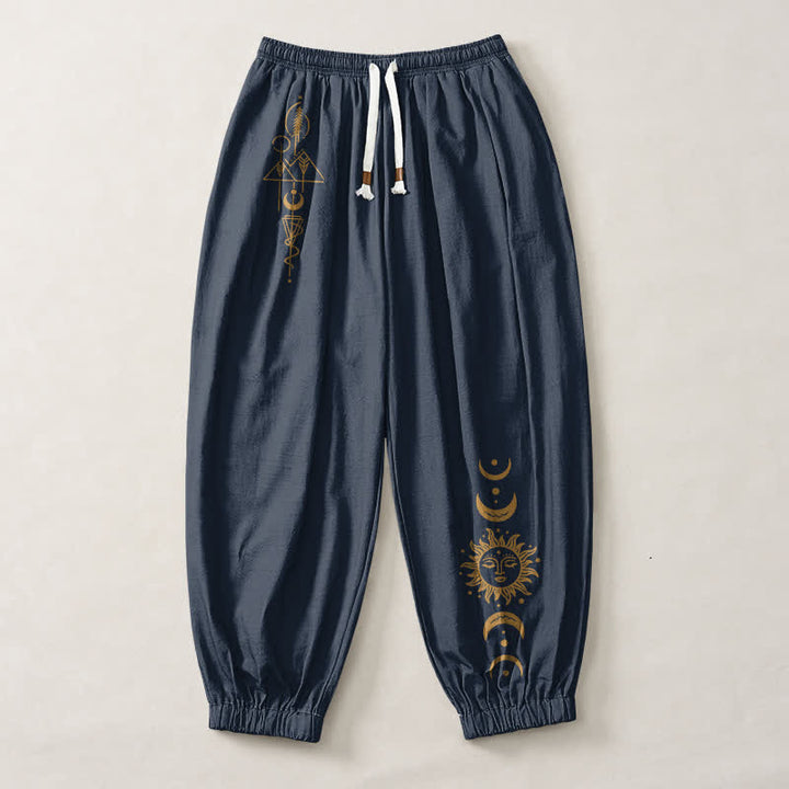 Buddha Stones Pure Cotton Moon Phase Sun Pattern Drawstring Men's Harem Pants With Pockets - image 7