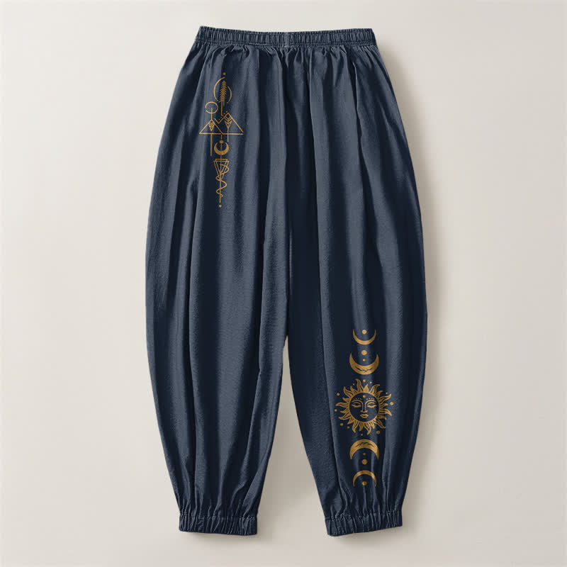 Buddha Stones Pure Cotton Moon Phase Sun Pattern Drawstring Men's Harem Pants With Pockets - image 8