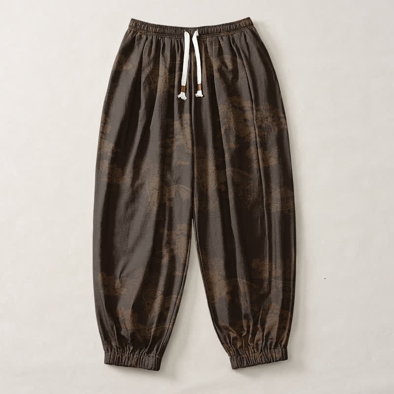 Buddha Stones Pure Cotton Vintage Shadow Stripe Pattern Drawstring Men's Harem Pants With Pockets - image 1