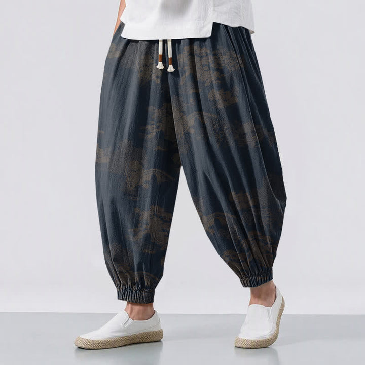 Buddha Stones Pure Cotton Vintage Shadow Stripe Pattern Drawstring Men's Harem Pants With Pockets - Navy - US/UK/AU50，EU60 (5XL) - image 6