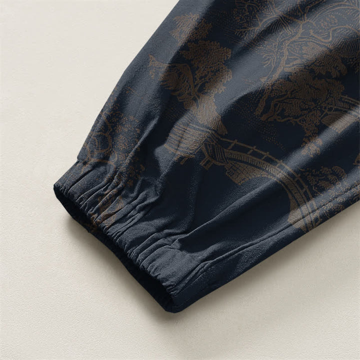 Buddha Stones Pure Cotton Vintage Shadow Stripe Pattern Drawstring Men's Harem Pants With Pockets - image 10
