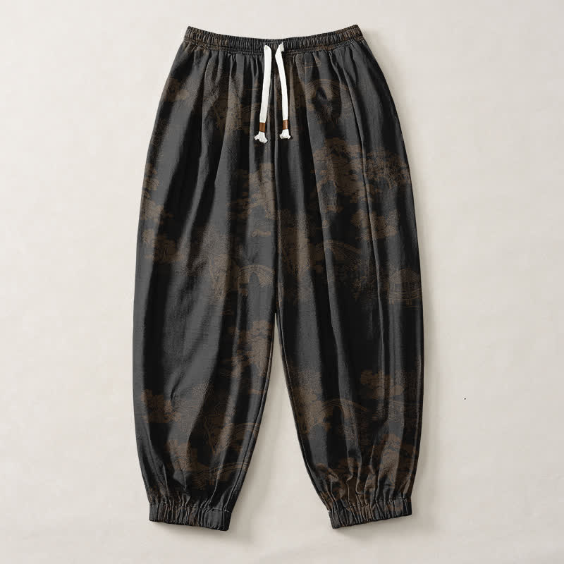 Buddha Stones Pure Cotton Vintage Shadow Stripe Pattern Drawstring Men's Harem Pants With Pockets - image 13