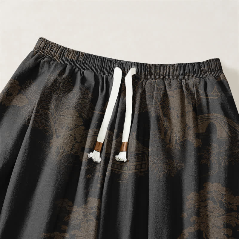 Buddha Stones Pure Cotton Vintage Shadow Stripe Pattern Drawstring Men's Harem Pants With Pockets - image 15