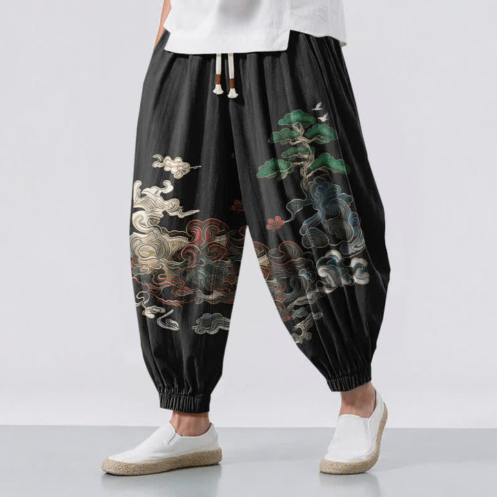 Buddha Stones Pure Cotton Auspicious Cloud Pine Pattern Drawstring Men's Harem Pants With Pockets - Black - US/UK/AU50，EU60 (5XL) - image 0