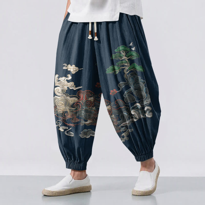 Buddha Stones Pure Cotton Auspicious Cloud Pine Pattern Drawstring Men's Harem Pants With Pockets - Navy - US/UK/AU50，EU60 (5XL) - image 12