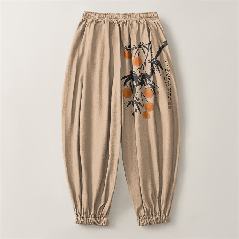 Buddha Stones Pure Cotton Bamboo Branch Pattern Drawstring Men's Harem Pants With Pockets - image 8