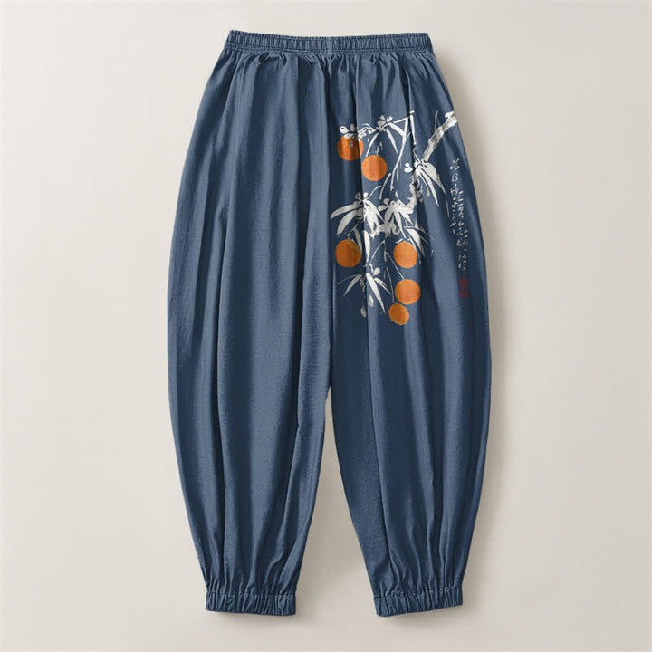 Buddha Stones Pure Cotton Bamboo Branch Pattern Drawstring Men's Harem Pants With Pockets - image 14