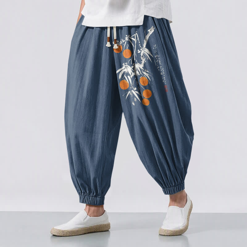Buddha Stones Pure Cotton Bamboo Branch Pattern Drawstring Men's Harem Pants With Pockets - SteelBlue - US/UK/AU50，EU60 (5XL) - image 12