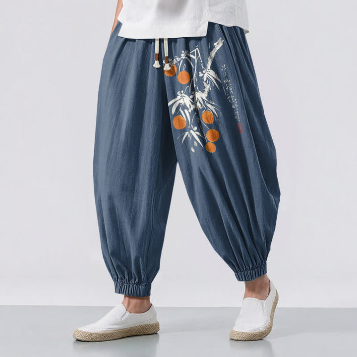 Buddha Stones Pure Cotton Bamboo Branch Pattern Drawstring Men's Harem Pants With Pockets - SteelBlue - US/UK/AU50，EU60 (5XL) - image 12