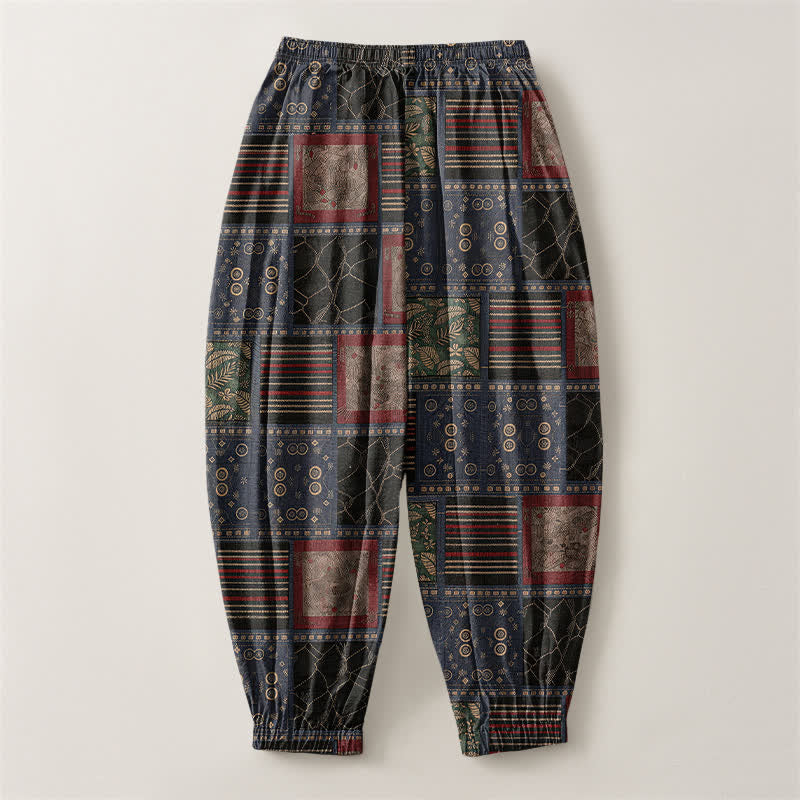Buddha Stones Pure Cotton Geometric Plaid Pattern Drawstring Men's Harem Pants With Pockets - image 2