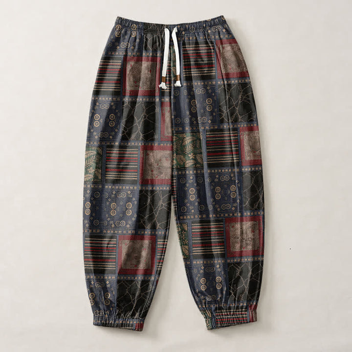 Buddha Stones Pure Cotton Geometric Plaid Pattern Drawstring Men's Harem Pants With Pockets - image 1
