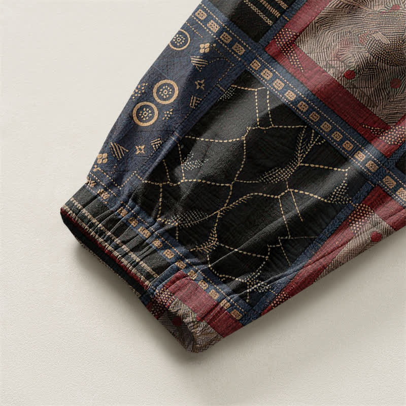 Buddha Stones Pure Cotton Geometric Plaid Pattern Drawstring Men's Harem Pants With Pockets - image 4