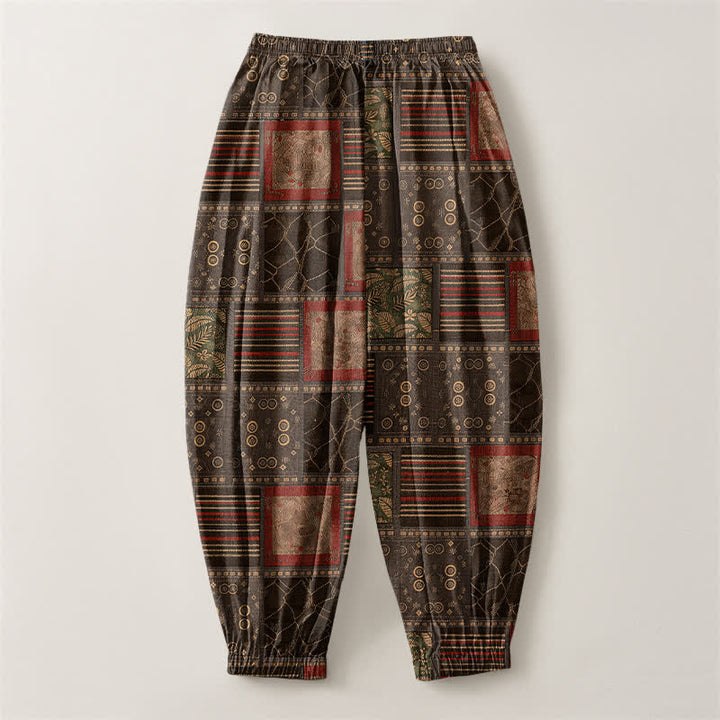 Buddha Stones Pure Cotton Geometric Plaid Pattern Drawstring Men's Harem Pants With Pockets - image 8