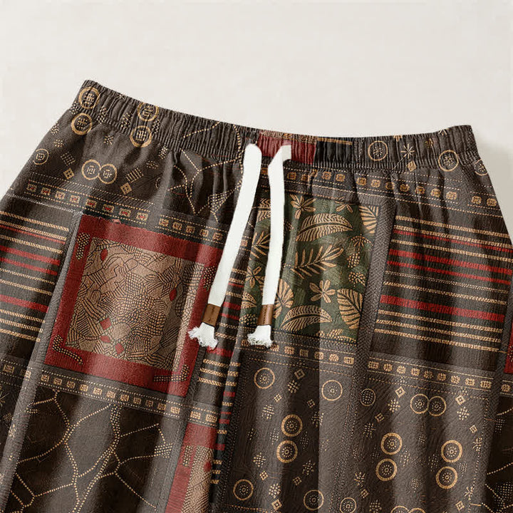 Buddha Stones Pure Cotton Geometric Plaid Pattern Drawstring Men's Harem Pants With Pockets - image 9
