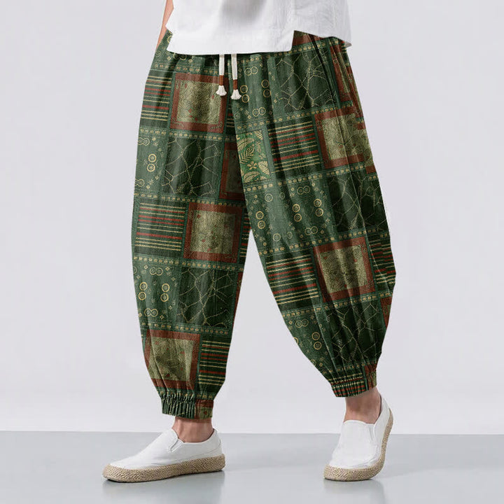 Buddha Stones Pure Cotton Geometric Plaid Pattern Drawstring Men's Harem Pants With Pockets - MediumSeaGreen - US/UK/AU50，EU60 (5XL) - image 12