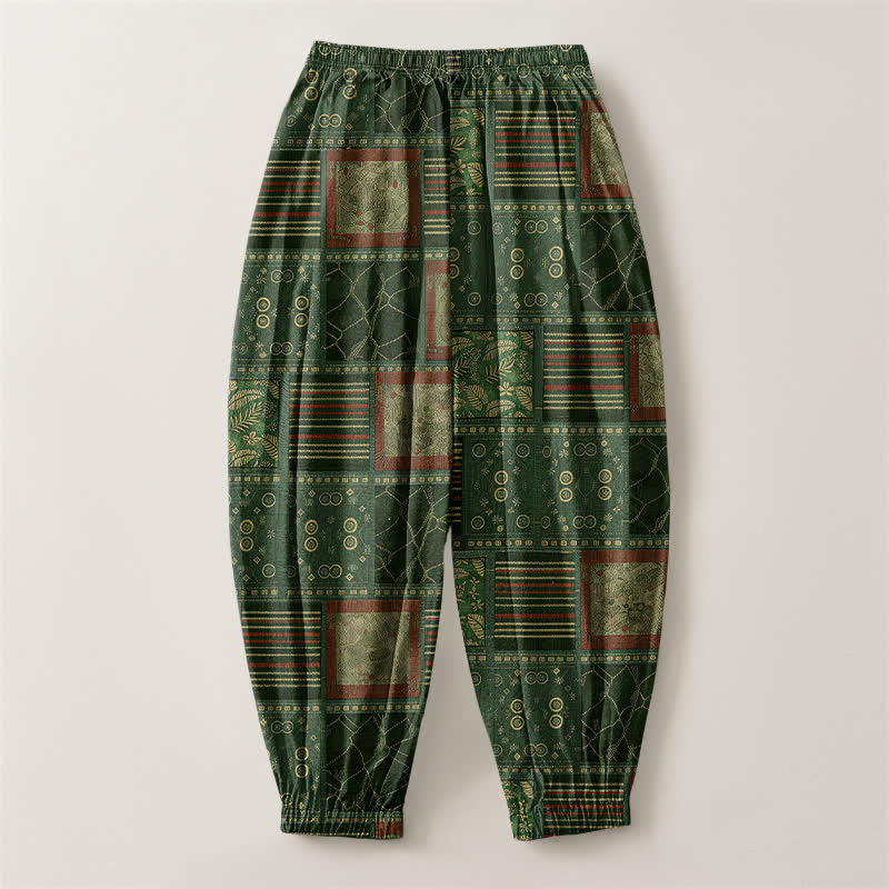 Buddha Stones Pure Cotton Geometric Plaid Pattern Drawstring Men's Harem Pants With Pockets - image 14