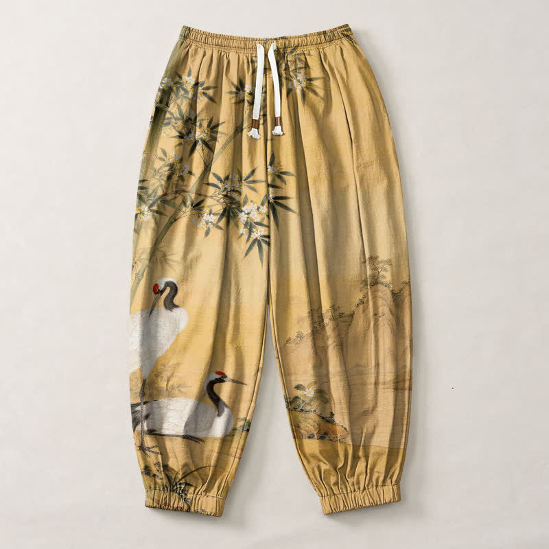 Buddha Stones Pure Cotton Crane Bamboo Blossom Pattern Drawstring Men's Harem Pants With Pockets - image 1