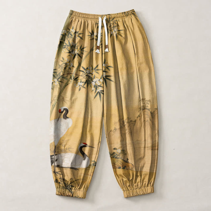 Buddha Stones Pure Cotton Crane Bamboo Blossom Pattern Drawstring Men's Harem Pants With Pockets - image 1