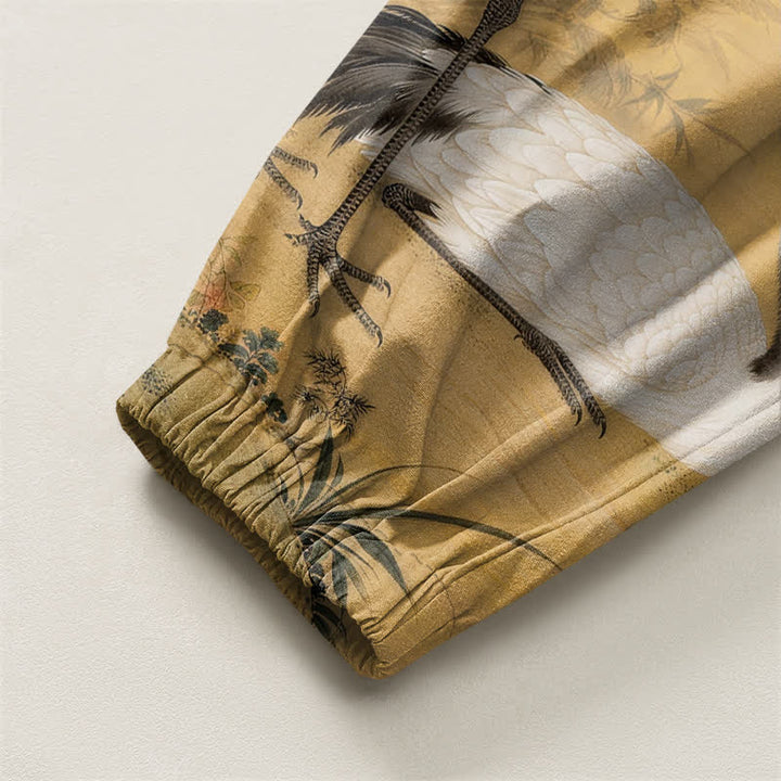 Buddha Stones Pure Cotton Crane Bamboo Blossom Pattern Drawstring Men's Harem Pants With Pockets - image 4