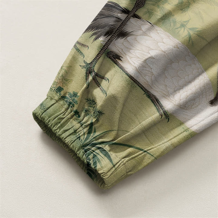 Buddha Stones Pure Cotton Crane Bamboo Blossom Pattern Drawstring Men's Harem Pants With Pockets - image 10