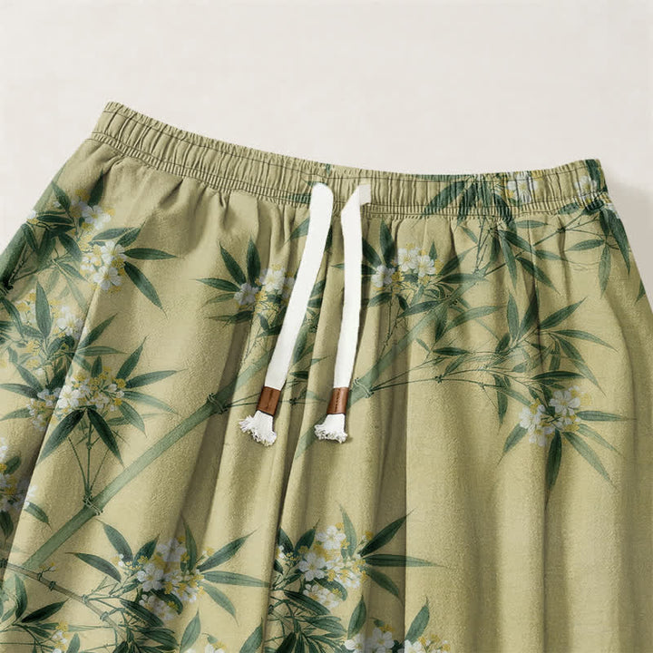 Buddha Stones Pure Cotton Crane Bamboo Blossom Pattern Drawstring Men's Harem Pants With Pockets - image 9