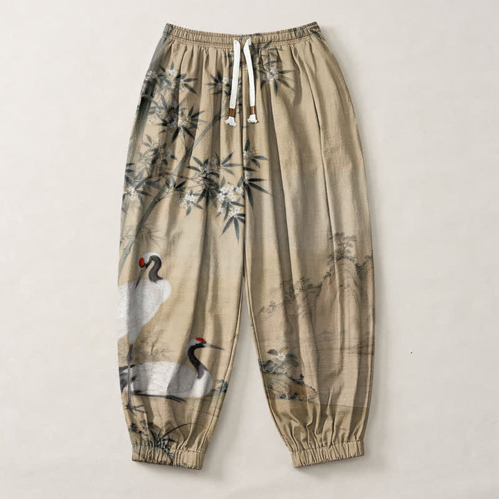 Buddha Stones Pure Cotton Crane Bamboo Blossom Pattern Drawstring Men's Harem Pants With Pockets - image 13