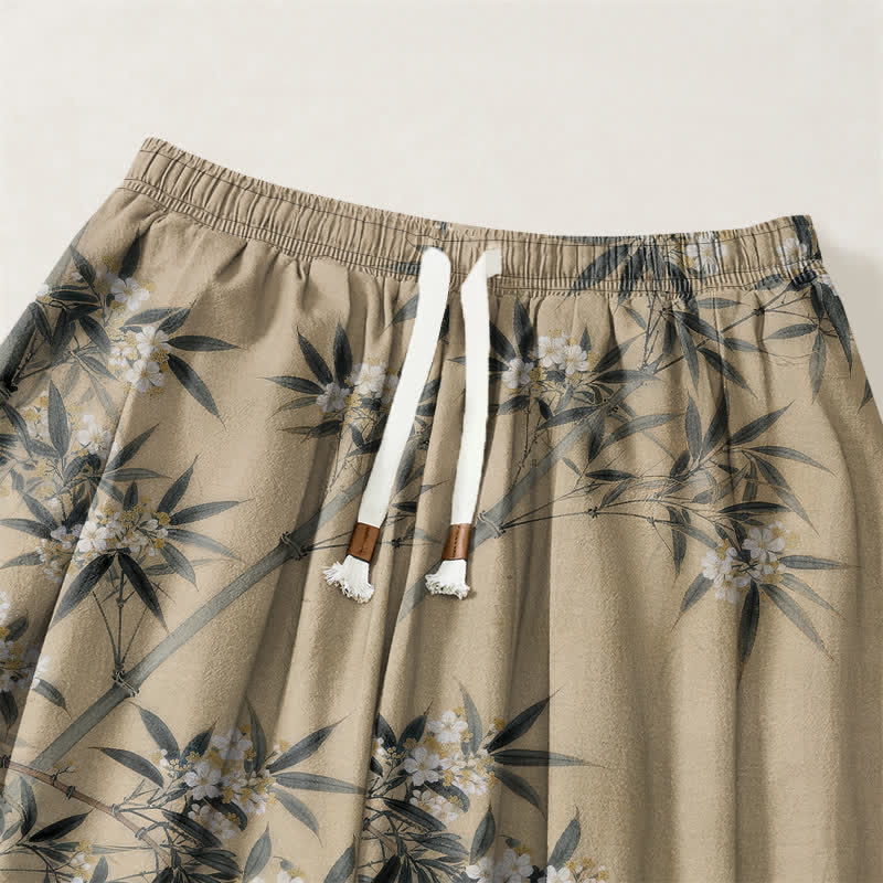 Buddha Stones Pure Cotton Crane Bamboo Blossom Pattern Drawstring Men's Harem Pants With Pockets - image 15