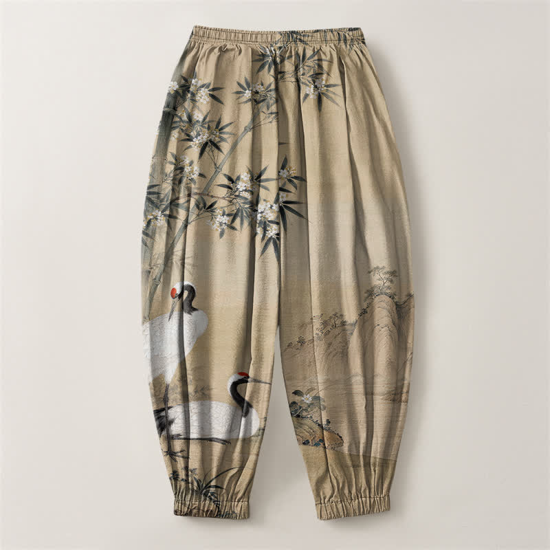 Buddha Stones Pure Cotton Crane Bamboo Blossom Pattern Drawstring Men's Harem Pants With Pockets - image 14