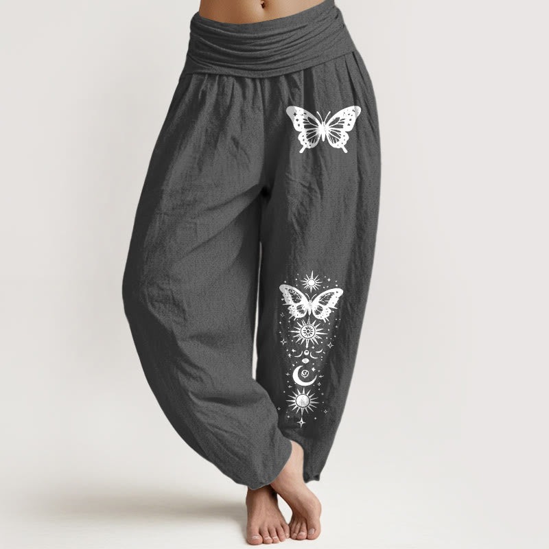 Buddha Stones Pure Cotton Moon Star Butterfly Pattern Women's Elastic Waist Harem Pants - DimGray - US16，UK/AU20，EU48 (3XL) - image 8