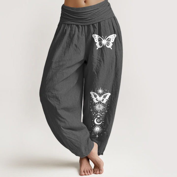 Buddha Stones Pure Cotton Moon Star Butterfly Pattern Women's Elastic Waist Harem Pants - DimGray - US16，UK/AU20，EU48 (3XL) - image 8