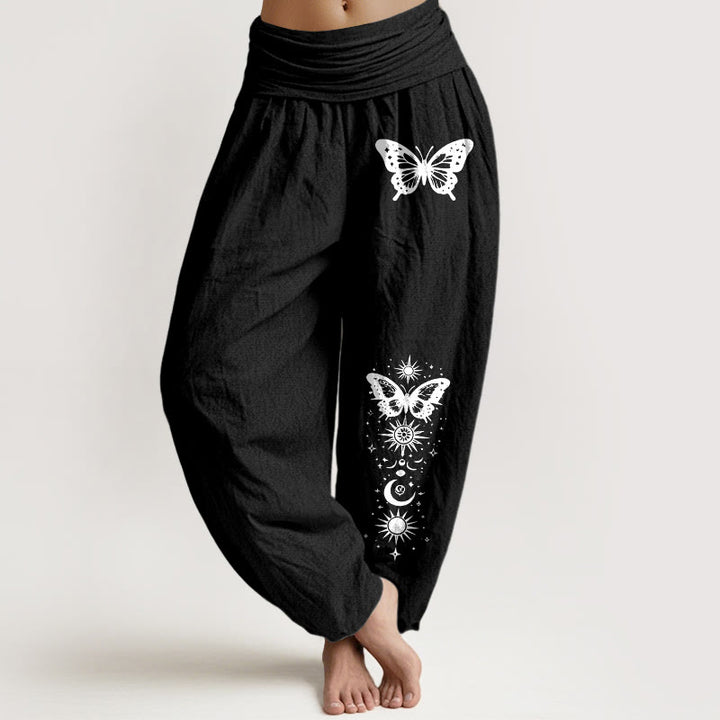 Buddha Stones Pure Cotton Moon Star Butterfly Pattern Women's Elastic Waist Harem Pants - Black - US16，UK/AU20，EU48 (3XL) - image 0