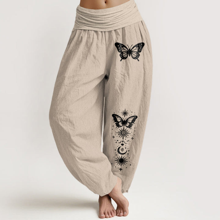 Buddha Stones Pure Cotton Moon Star Butterfly Pattern Women's Elastic Waist Harem Pants - Tan - US16，UK/AU20，EU48 (3XL) - image 14