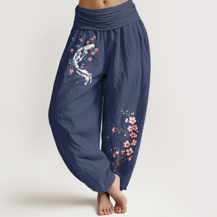 Buddha Stones Pure Cotton Koi Flower Branch Pattern Women's Elastic Waist Harem Pants - DarkSlateBlue - US16，UK/AU20，EU48 (3XL) - image 5