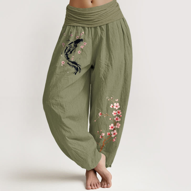 Buddha Stones Pure Cotton Koi Flower Branch Pattern Women's Elastic Waist Harem Pants - OliveDrab - US16，UK/AU20，EU48 (3XL) - image 14