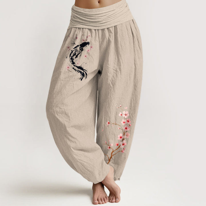 Buddha Stones Pure Cotton Koi Flower Branch Pattern Women's Elastic Waist Harem Pants - Tan - US16，UK/AU20，EU48 (3XL) - image 11