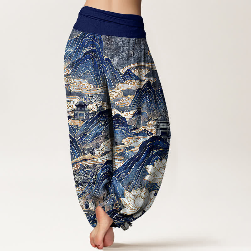 Buddha Stones Cotton Lotus Cloud Pattern Women's Elastic Waist Harem Pants - image 1