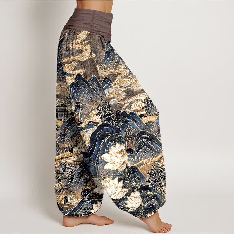 Buddha Stones Cotton Lotus Cloud Pattern Women's Elastic Waist Harem Pants - image 10