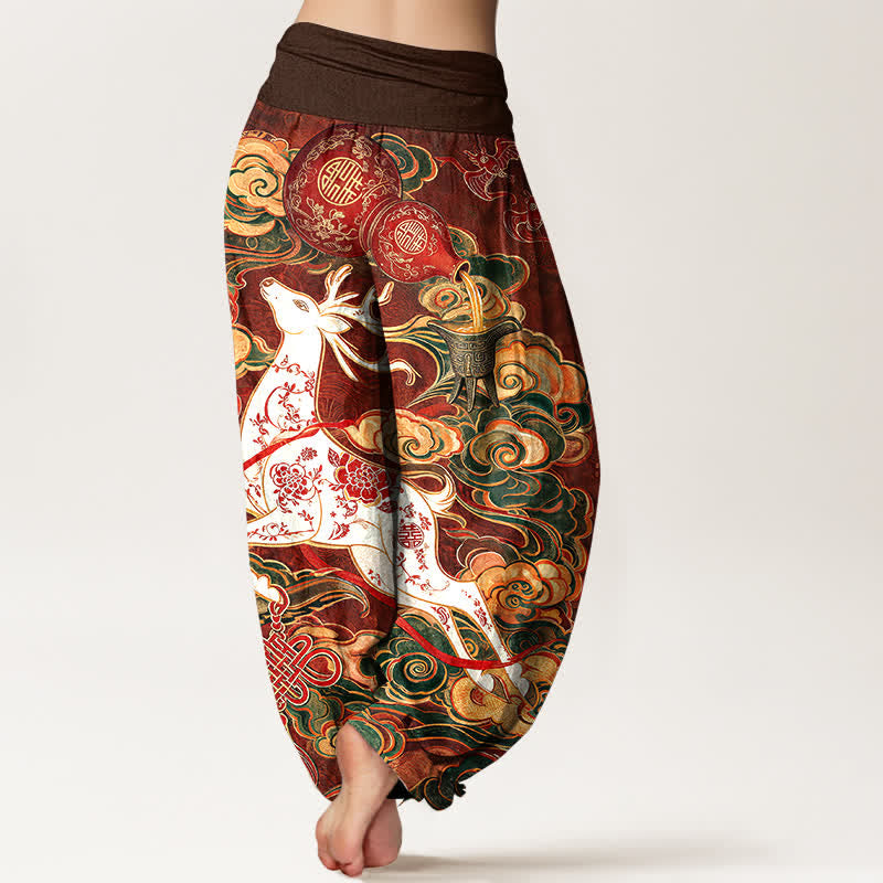 Buddha Stones Cotton Ornate Auspicious Cloud Chinese Knot Pattern Women's Elastic Waist Harem Pants - image 1