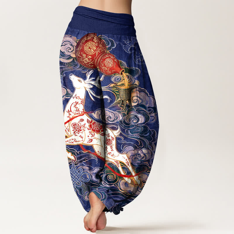 Buddha Stones Cotton Ornate Auspicious Cloud Chinese Knot Pattern Women's Elastic Waist Harem Pants - image 9