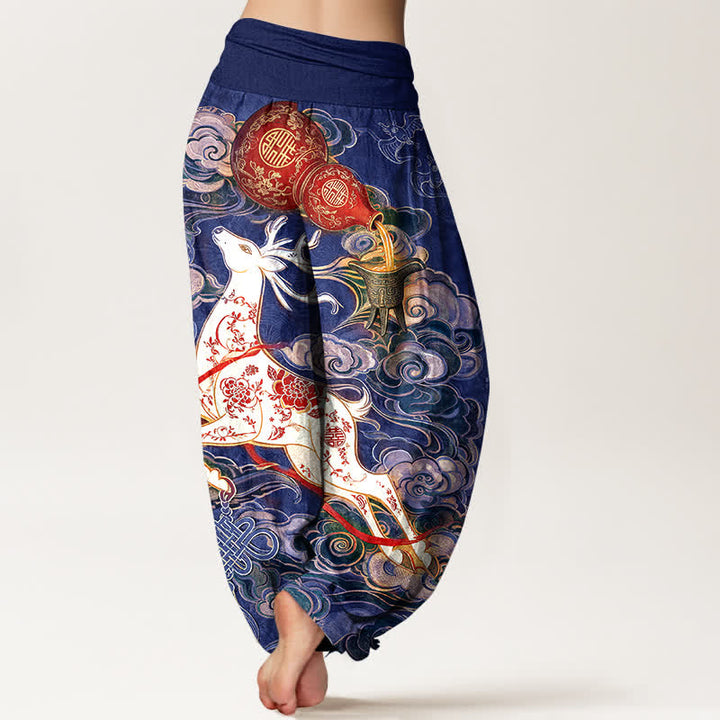 Buddha Stones Cotton Ornate Auspicious Cloud Chinese Knot Pattern Women's Elastic Waist Harem Pants - image 9