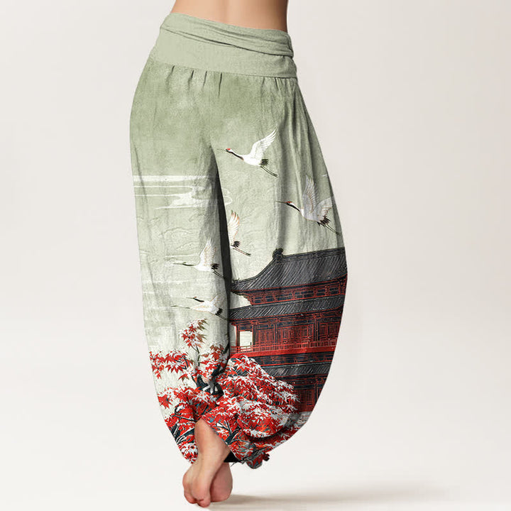 Buddha Stones Cotton Scenic Pavilion Bird Pattern Women's Elastic Waist Harem Pants - image 6