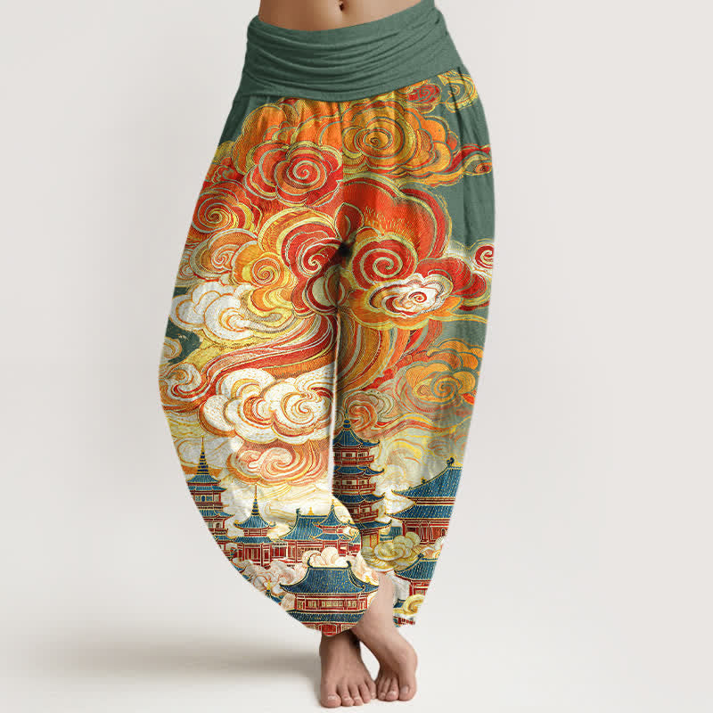 Buddha Stones Cotton Ethnic Floral Spiral Pattern Women's Elastic Waist Harem Pants - DarkOliveGreen - US16，UK/AU20，EU48 (3XL) - image 5