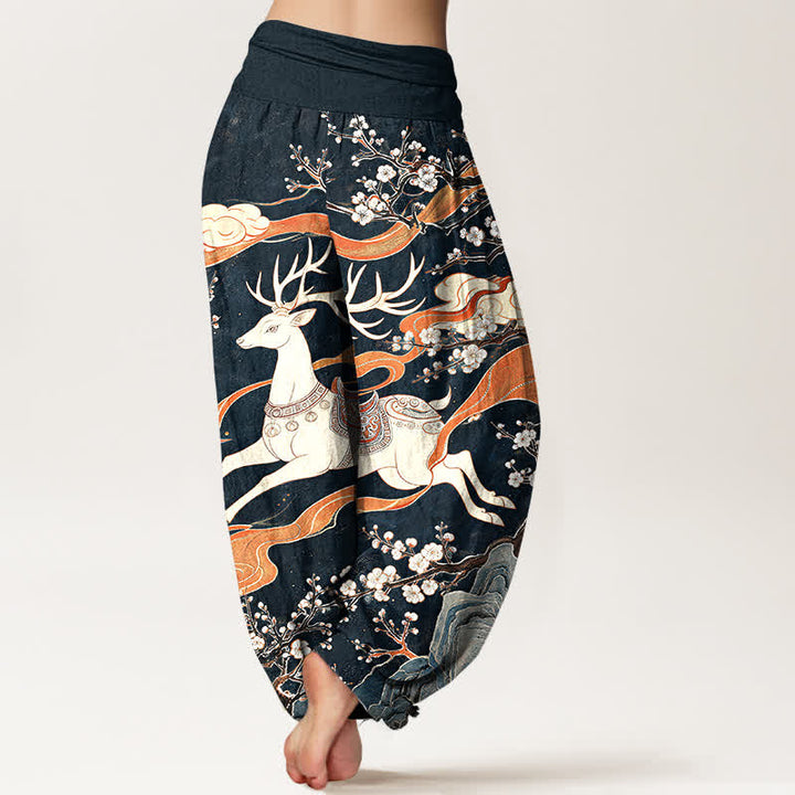 Buddha Stones Cotton Deer Blossom Mountain Pattern Women's Elastic Waist Harem Pants - image 1
