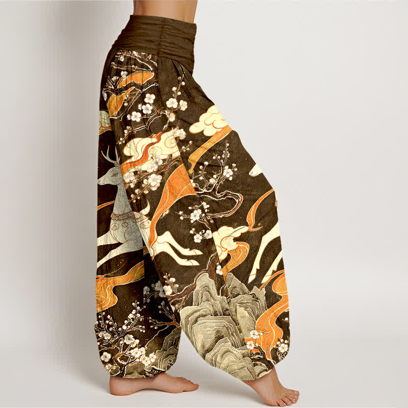Buddha Stones Cotton Deer Blossom Mountain Pattern Women's Elastic Waist Harem Pants - image 10