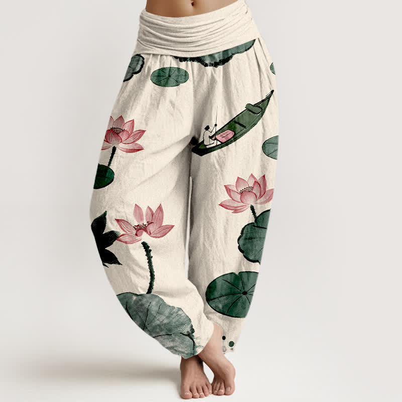 Buddha Stones Cotton Oriental Lotus Pattern Women's Elastic Waist Harem Pants - Beige - US16，UK/AU20，EU48 (3XL) - image 0